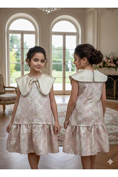 Rawai Roma Girls' jacquard luxury dress with a wide satin collar