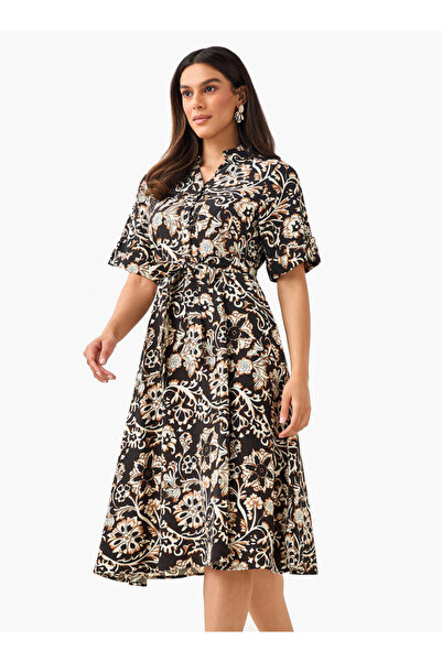 FAV Belted Midi Shirt Dress with Printed Design