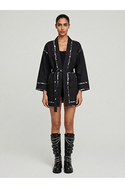 MaisonMika Oversize Kimono with Metallic Silver Hand Appliqués and Staples