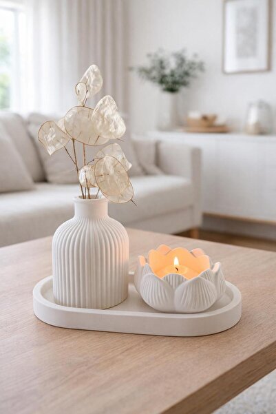 MeviDecor 3’lü Dekoratif Set – Çizgili Vazo & Lotus Mumluk & Oval Tepsi – Mod...