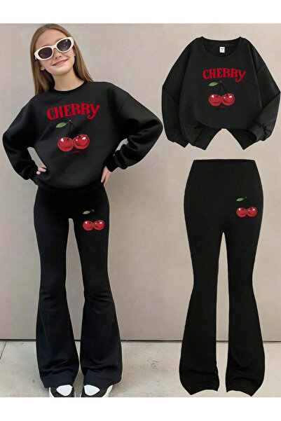 cc collection Girl's Black Cherry Printed Two-Piece Set – Sweatshirt & Flared...