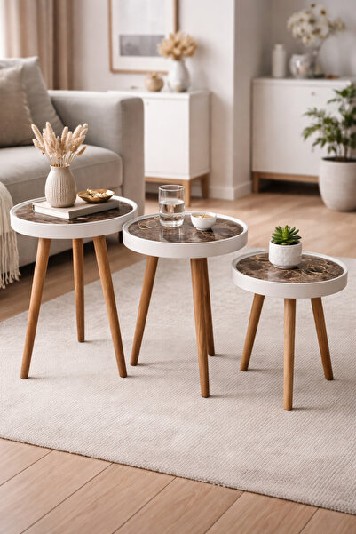 TrentonGCC Set of 3 Marble Look MDF Nesting Coffee Tables Round Top Wooden Le...