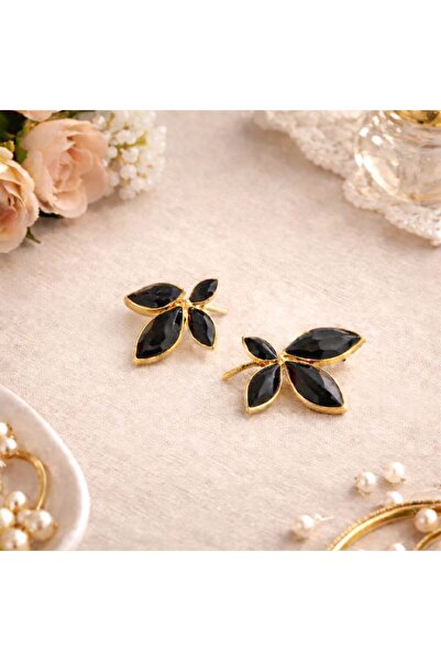 Vipfoni Black Enameled Leaf Steel Earrings with Gold Color Edges