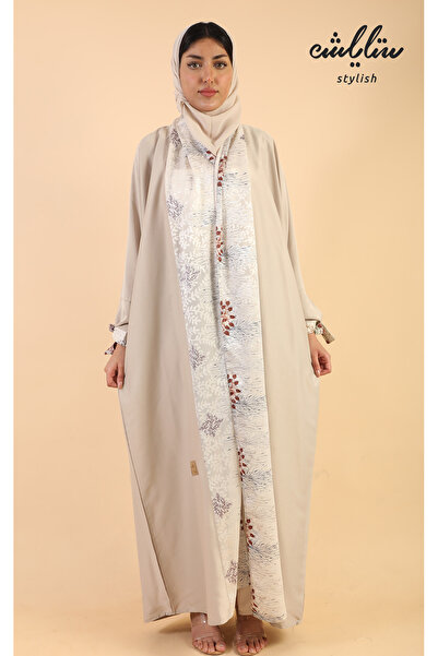 Stylish Stylish abaya with a touch of Bahraini Silk , beige wrap style.
