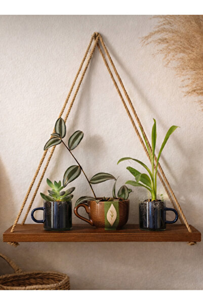 The N Wood Decorative Wooden Wall Shelf with Walnut Color Rope 25X8 cm