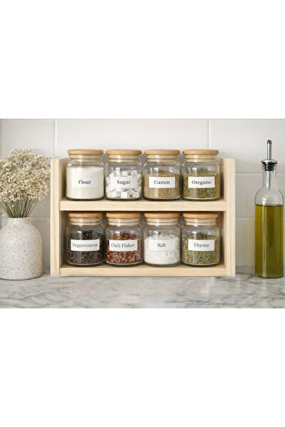 The N Wood Minimal Doğal Ahşap Baharatlık Rafı – 2 Katlı Düzenleyici