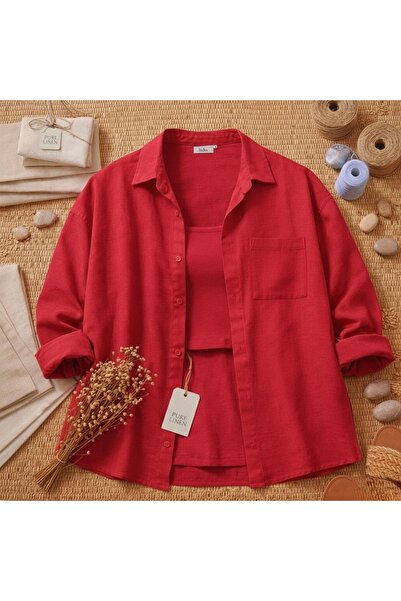 miremiran Doğal Keten Kumaş Oversize Salaş Kalıp Kadın Gömlek Rahat Kesim KIR...