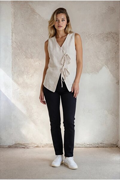 soi fashion Cross-Laced Linen Vest Stone