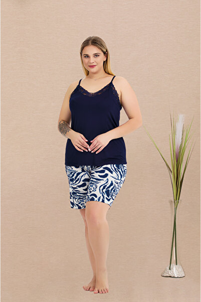 MOPİ Plus Size Patterned Pajama Set with Strappy Shorts