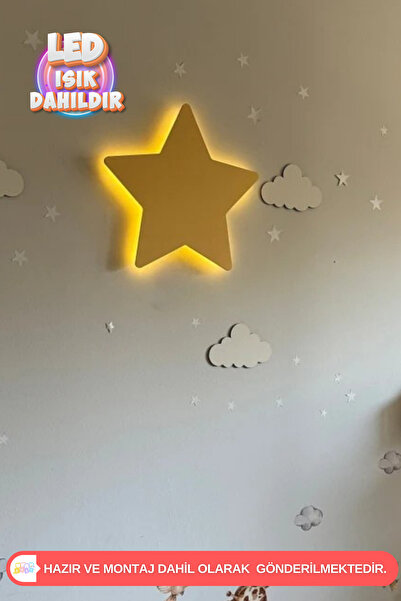 UmayBabyDekor 1 Adet Sarı Yıldız Gece Lambası Bebek Çocuk Odası Duvar Dekoras...