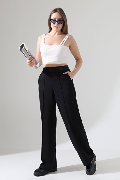 Major Women's Black Color Elastic Waist Wide Leg Palazzo Trousers