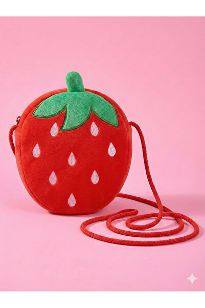 moimaaksesuar Kız Çocuk Sevimli Çilek Figürlü Peluş Omuz Çantası Fermuarlı Gü...