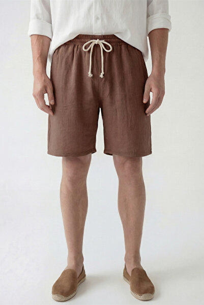 Veleno Men's Brown Lightweight Casual Linen Muslin Shorts with Double Cuffs a...