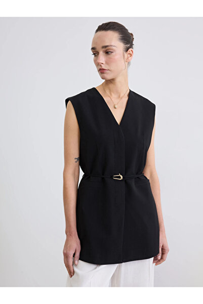 LC Waikiki Lcw Studio Black V-Neck Women's Vest with Belted Waist