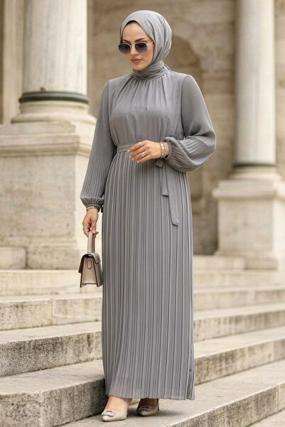 N.S NEVA STYLE Pleated Gray Hijab Dress 30301Gr