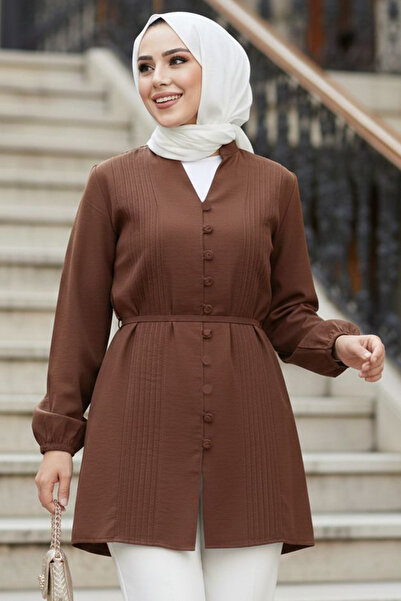 N.S NEVA STYLE Pile Detailed Brown Hijab Tunic 20299Kh