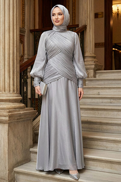 N.S NEVA STYLE Drape Detailed Gray Hijab Evening Dress 55821Gr