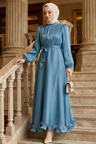 N.S NEVA STYLE Balloon Sleeve Indigo Blue Hijab Evening Dress 6278Im