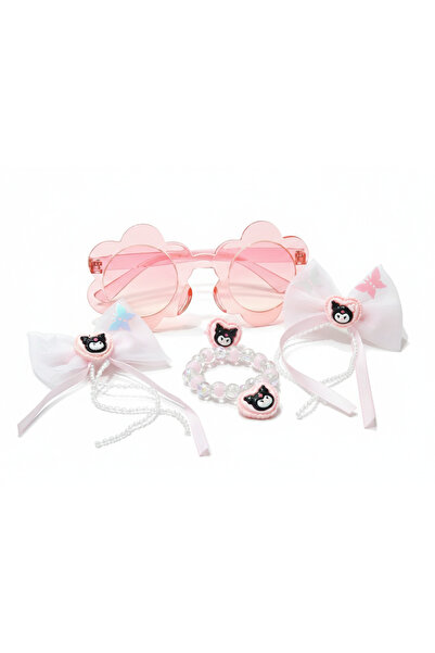 burjalmodah طقم إكسسوارات أطفال بناتي (5 قطع) - يشمل نظارة شمسية وردية، سوار ...
