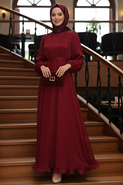 N.S NEVA STYLE Balloon Sleeve Burgundy Hijab Evening Dress 6278Br