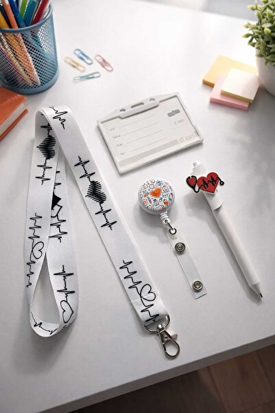 excarpin Ekg Kalp Ritim Desenli Sağlıkçı Beyaz Dörtlü Hediye Seti | Boyun İpi...