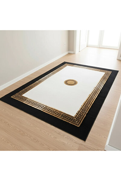 deco marié Beyaz Merkezli Siyah Zeminli Altın Çerçeveli Peluş Halı – Yumuşak ...