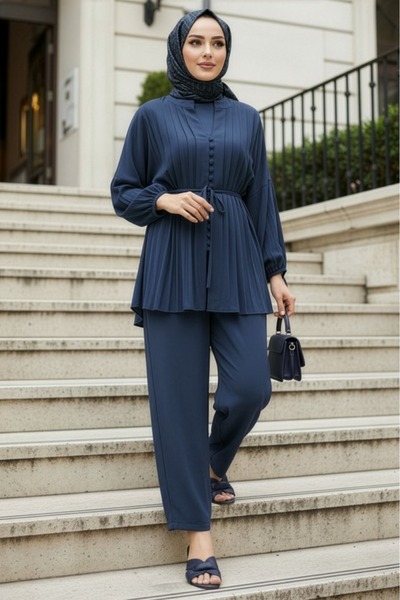 N.S NEVA STYLE Pile Detailed Navy Blue Hijab Double Set 19031L