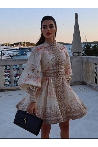 Julidress Patterned High Collar Buttoned Belted Premium Design Mini Linen Dress