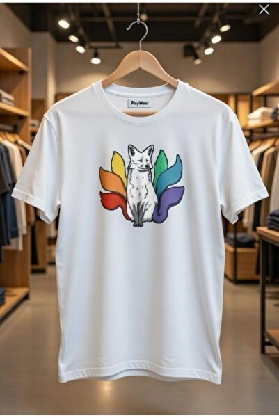 playwear Tricou unisex cu imprimeu colorat Rainbow Fox Design, cu potrivire l...
