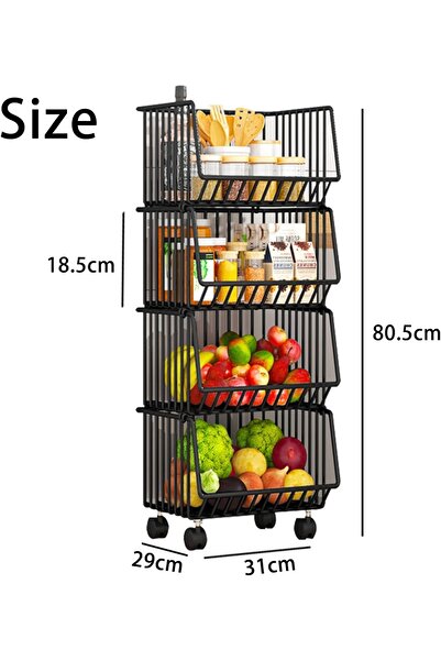 REXA R Vegetable Storage Basket Rack, Black 4 Tier Stackable Kitchen Floor-St...