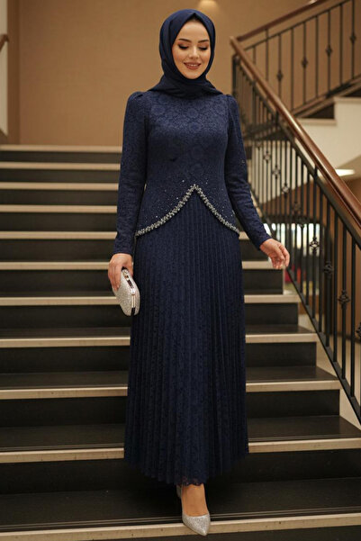 N.S NEVA STYLE Lace Navy Blue Hijab Evening Dress 55591L