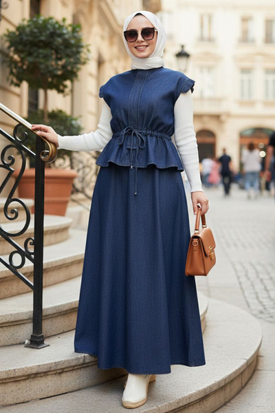 N.S NEVA STYLE Skirted Navy Blue Hijab Denim Double Set 19049L