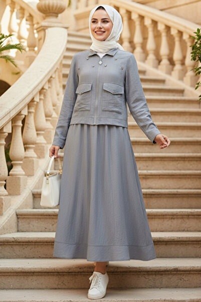 N.S NEVA STYLE Set dublu cu jachetă și fustă gri Tesettür 44723GR