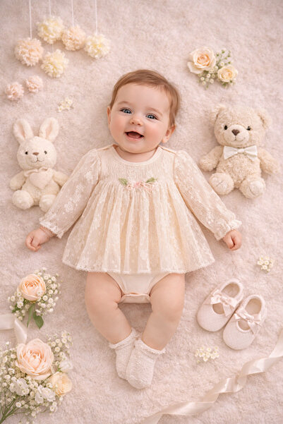 Ozz Baby PREMİUM YENİDOĞAN KIZ BEBEK (0-3) (3-6 ) AY DANTELLİ BADİ ELBİSE (HE...