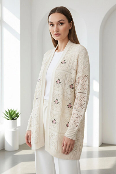 Bİ.GİYSEN Women's Stone Color Daisy Flower Embroidered Open Front Long Sleeve...