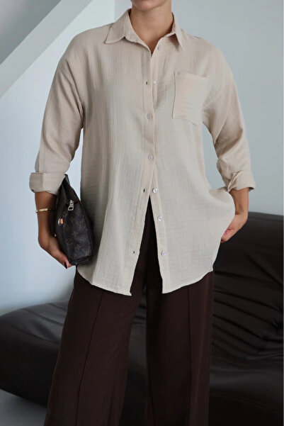 ZENGEZUR MALL Storozal Single Pocket Muslin Shirt Beige Pt (132525) (Size: S)