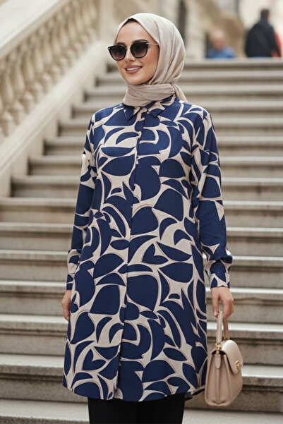 N.S NEVA STYLE Patterned Navy Blue Hijab Viscose Tunic 11747L