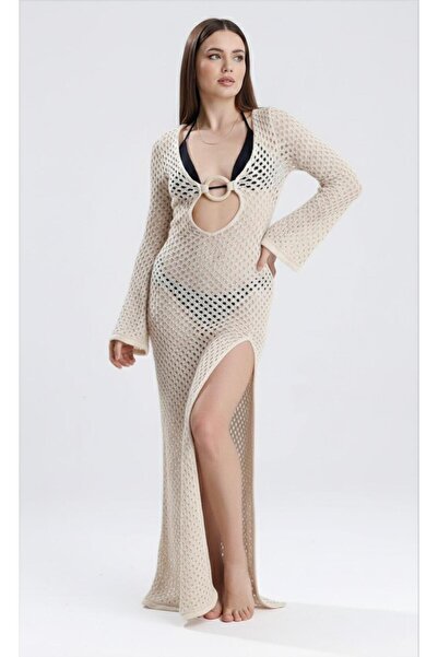 moda mh Wooden Ring Detail Beige Knitwear Dress