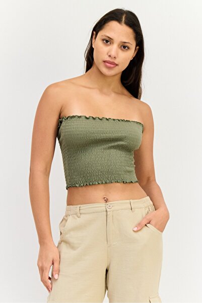 Don't Call Me Jennyfer Women Lettuce Neck Strapless Ruched Tube Top, Olive