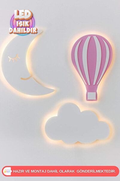UmayBabyDekor 3Lü Set Ay Bulut Pembe Balon Gece Lambası Bebek Çocuk Odası Duv...