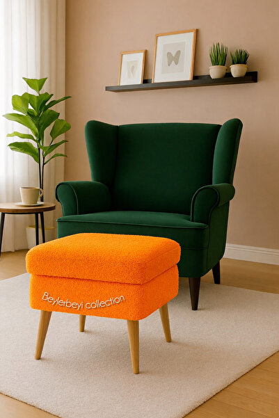 BEYLERBEYİ Ayak uzatmalık puf , sandıklı puf,neon turuncu peluş, dekoratif pu...