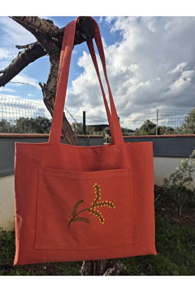 Handream Mimosa Branch Embroidered Brown Duck Fabric Shoulder Bag