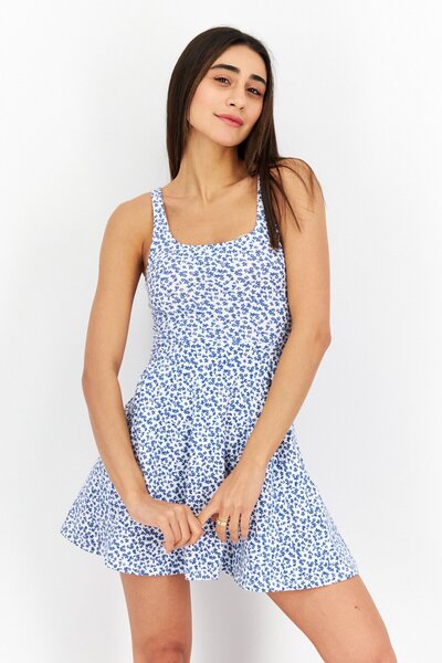 Don't Call Me Jennyfer Women Floral Print Sleeveless Mini Dress, Blue/White