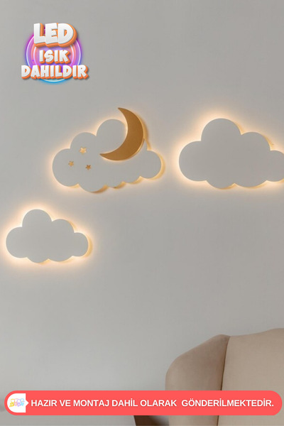 UmayBabyDekor 3Lü Set Bulut ve Ay Gece Lambası Bebek Çocuk Odası Duvar Dekora...