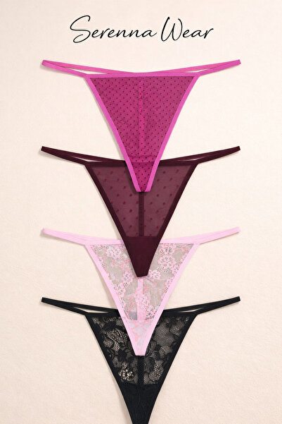 serenna wear Kadın 4'lü Dantelli String Tanga Külot İç Ağlı