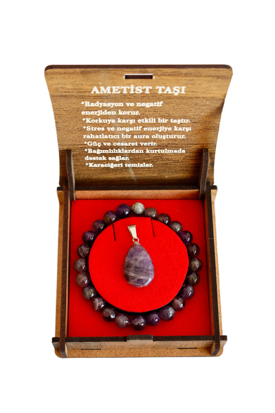taru pasaj Natural Amethyst Stone Boxed Bracelet and Chain Amethyst Necklace ...