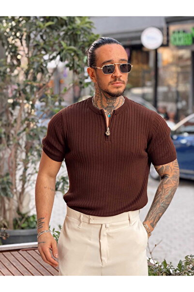 manch collection Ribbed Knitwear T-Shirt with Zipper Collar Brown