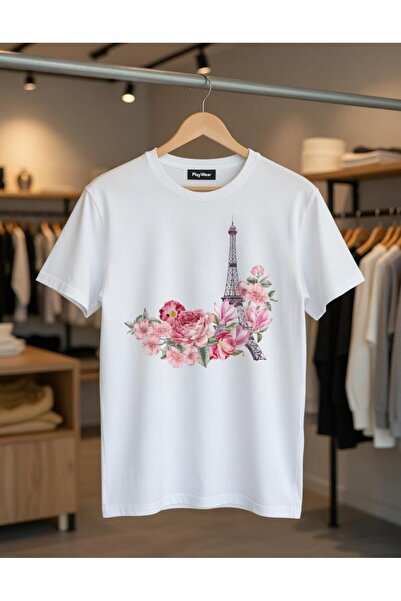 playwear Tricou unisex cu imprimeu cu flori roz Turnul Eiffel