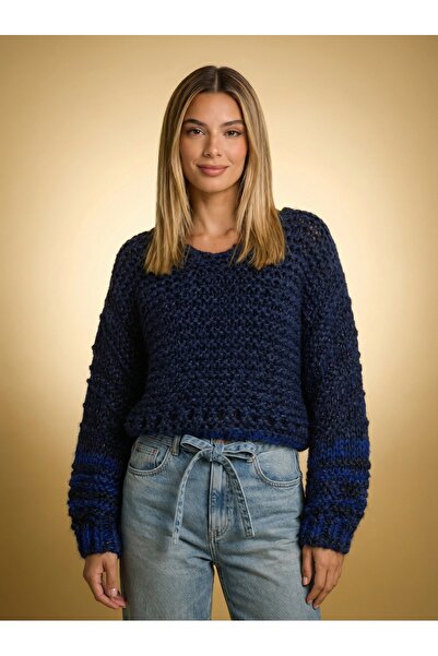 Tanem Çarşı Crop Sweater Hand Knitted Woolen - Navy Blue Oversize Loose Knitw...