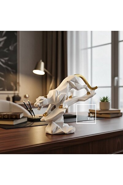 İki Yedi Konsept Heinlein Beyaz Altın Panter Heykeli 26x21 cm Modern Dekorati...